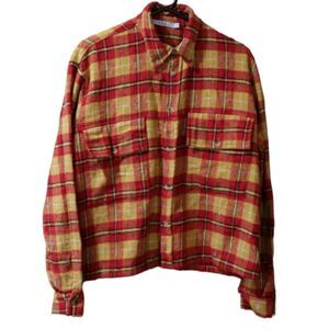 MNML Bright Orange & Yellow Cropped Button Down Flannel Shirt Medium